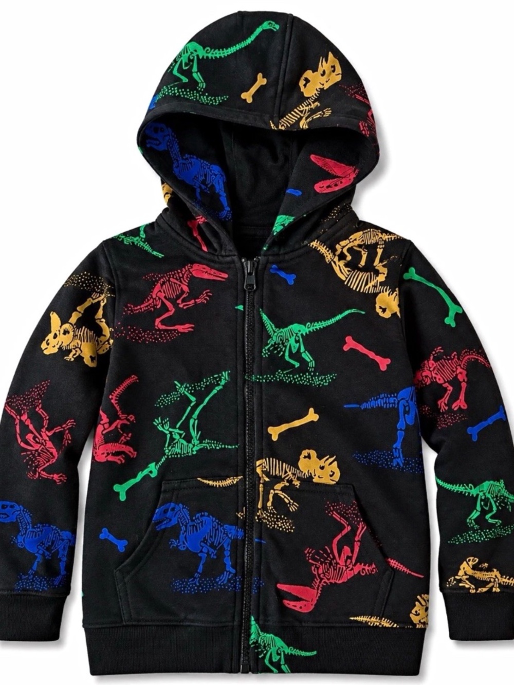 Youth Boys Dinosaur Skeleton Print Black Full Zip Hoodie Size Small